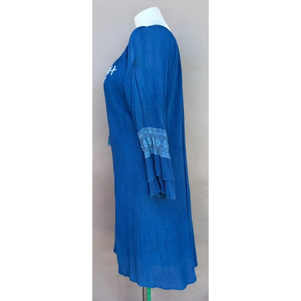 Studio West Womens L Blue Bell Sleeve Embroidered Floral Shift Dress Boho Coasta